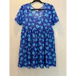 Down Under Flower & Stem Babydoll‎ Dress Blue Floral Mini Made In USA